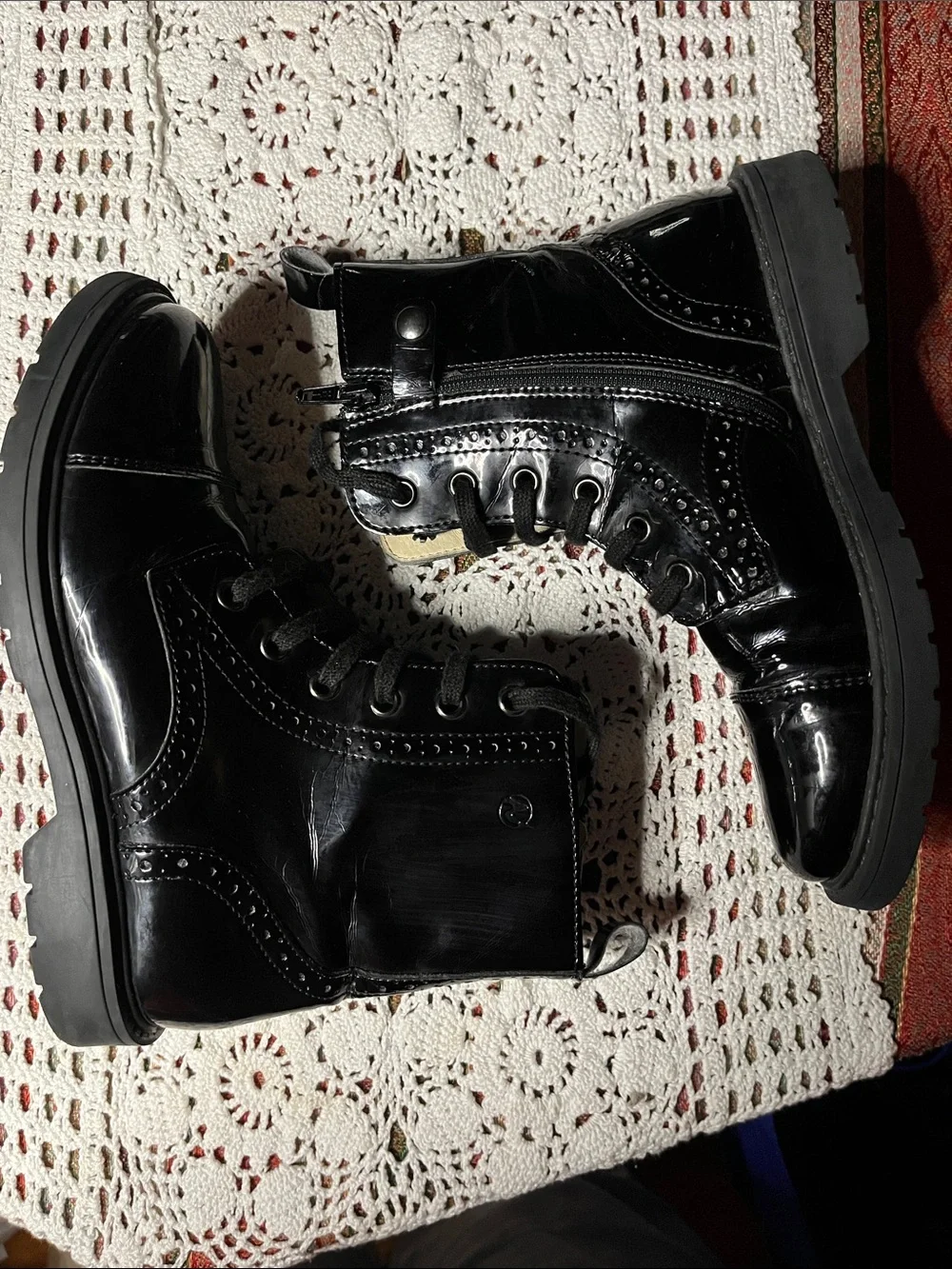 Naturino patent leather Glossy Black Lace-Up Combat Boots inside zippers